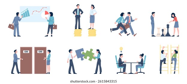 Gender business equality. Equal right male and female at work and in career opportunities. Men women managers working, financial equality recent vector scenes