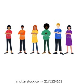 Gender Character Vector Illustration. The group of people with text gender pronouns. Vector illustration of diverse cartoon young adult people without gender identity in trendy.