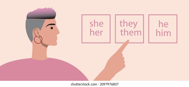 Gender choice, adult LGBTQ person. Flat vector stock illustration. Gender pronouns, he, she, they. The concept of the rights of a transgender, agender person. Vector graphics