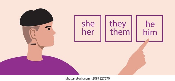 Gender choice, adult male person. Flat vector stock illustration. Gender pronouns, he, she, they. The concept of the rights of a non-binary person. Vector graphics