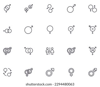 Concepto de género. Colección de señales de contorno vectorial de alta calidad de género para páginas web, libros, tiendas en línea, volantes, banners, etc. Conjunto de ilustraciones premium aisladas en fondo blanco 