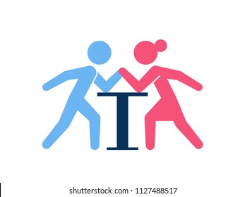 Gender conflict concept. Man and woman in arm wrestling challenge over white background.