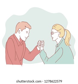 Gender conflict concept. Man and woman in arm wrestling challenge over white background.