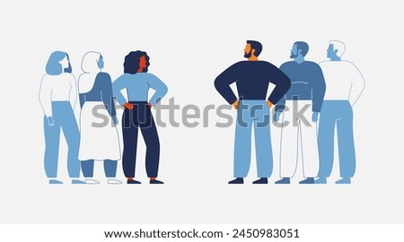 Gender confrontation, conflicts, disagreements. Men and women stand face to face. Equality and equitable between male and female. Business and social concept. Flat vector illustration