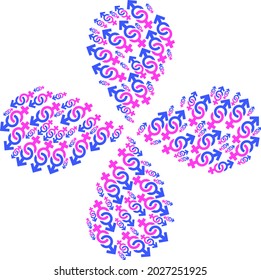 Gender confrontation symbol curl flower cluster. Object cluster composed from oriented gender confrontation symbol items. Vector flower collage in flat style.