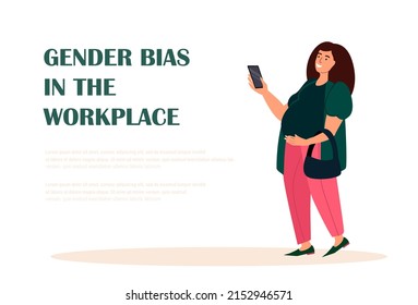 Gender Discrimination in Business.Pregnant Women in Business Landing Page Template.Young Caucasian Business Person,Confident Young Female Character with Smartphone.Cartoon People Vector Illustration