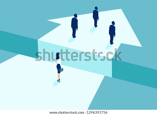 Gender discrimination in corporate culture concept.\
Vector of businesswoman lagging behind businessmen and divided by\
gap. 