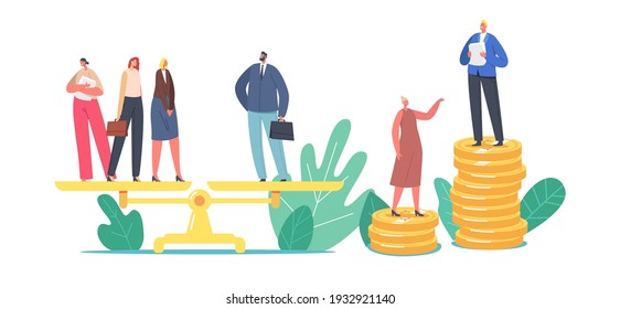 Gender Discrimination And Sex Inequality And Imbalance Concept. Male And Female Characters Stand On Scales, Businessman And Businesswoman Unequal Salary, Feminism. Cartoon People Vector Illustration