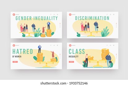 Gender Discrimination And Sex Inequality, Imbalance Landing Page Template Set. Male And Female Characters Stand On Scales, Businessman Businesswoman Unequal Salary. Cartoon People Vector Illustration