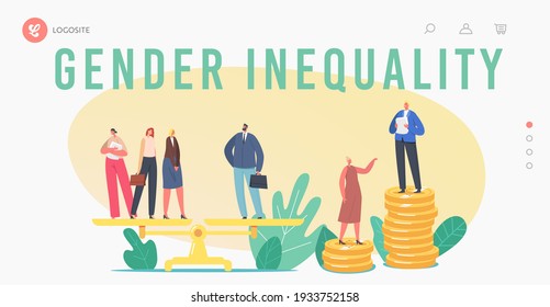 Gender Discrimination And Sex Inequality And Imbalance Landing Page Template. Male And Female Characters Stand On Scales, Businessman Businesswoman Unequal Salary. Cartoon People Vector Illustration