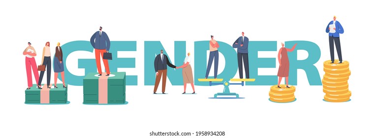 Gender Discrimination And Sex Inequality And Imbalance Concept. Male And Female Characters Stand On Scales, Business People Unequal Salary, Feminism Poster, Banner, Flyer. Cartoon Vector Illustration