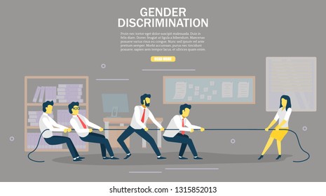 Plantilla de diseño de banners web sobre discriminación de género. Imagen vectorial de una mujer fuerte tirando de una cuerda con cuatro hombres. Concepto de feminismo.