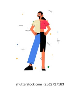 Gender Diversity Concept Depicted Through Split Character Design In Flat Vector Illustration Symbolizing Equality, Inclusivity, And Identity, Isolated On White Background.