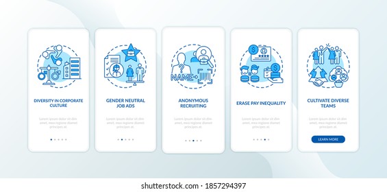 Gender diversity implementation tips onboarding mobile app page screen with concepts. Corporate culture walkthrough 5 steps graphic instructions. UI vector template with RGB color illustrations