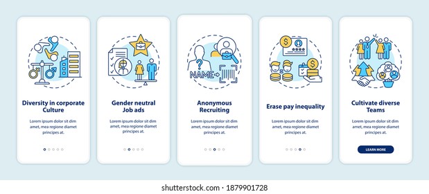 Gender diversity implementation tips onboarding mobile app page screen with concepts. Job recruiting walkthrough 5 steps graphic instructions. UI vector template with RGB color illustrations