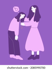 Gender dysphoria in adolescents. Mom puts a label on her daughter. Flat vector magenta illustration