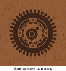 gender dysphoria icon inside badge with wood background. 