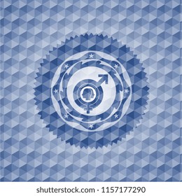 gender dysphoria icon inside blue emblem or badge with abstract geometric pattern background.