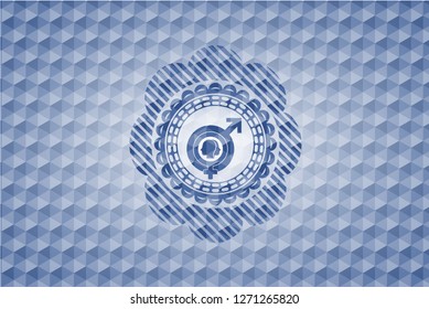 gender dysphoria icon inside blue emblem or badge with geometric pattern background.