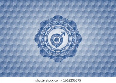 icono de disforia de género dentro del emblema azul o placa con fondo de patrón geométrico.