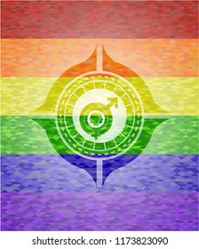 gender dysphoria icon inside emblem on mosaic background with the colors of the LGBT flag