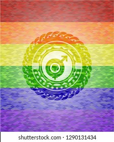 gender dysphoria icon inside emblem on mosaic background with the colors of the LGBT flag