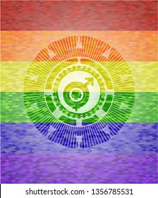 gender dysphoria icon inside emblem on mosaic background with the colors of the LGBT flag