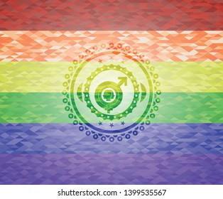 gender dysphoria icon inside emblem on mosaic background with the colors of the LGBT flag