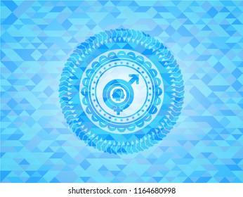 gender dysphoria icon inside light blue emblem. Mosaic background