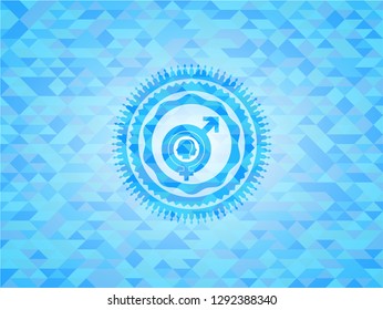 gender dysphoria icon inside light blue emblem. Mosaic background