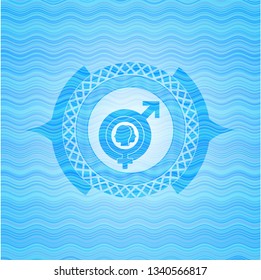 gender dysphoria icon inside light blue water style badge.