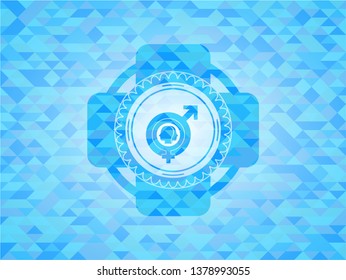 gender dysphoria icon inside light blue emblem with mosaic background