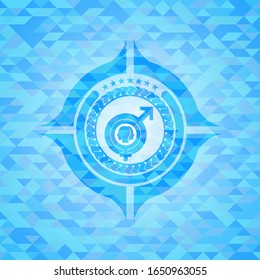 ícono de disforia de género dentro del emblema azul claro con fondo de estilo ecológico de mosaico