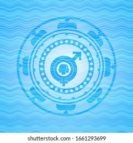 gender dysphoria icon inside light blue water emblem.