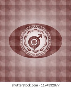 gender dysphoria icon inside red seamless emblem with geometric pattern background.