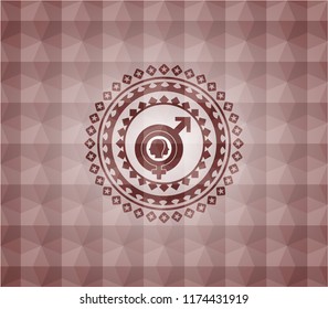 gender dysphoria icon inside red seamless emblem or badge with geometric pattern background.
