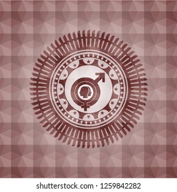 gender dysphoria icon inside red seamless emblem or badge with geometric pattern background.