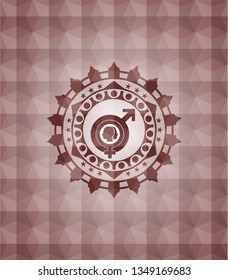 gender dysphoria icon inside red emblem with geometric pattern background. Seamless.