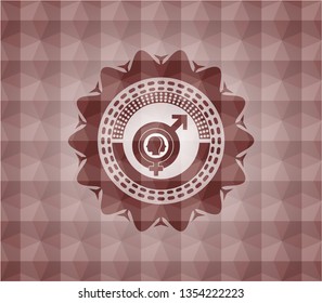 gender dysphoria icon inside red emblem with geometric pattern background. Seamless.