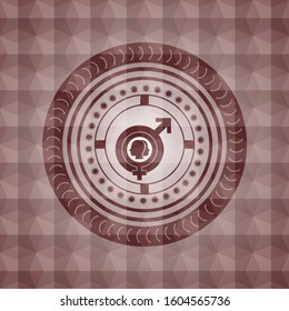 gender dysphoria icon inside red badge with geometric pattern background. Seamless.