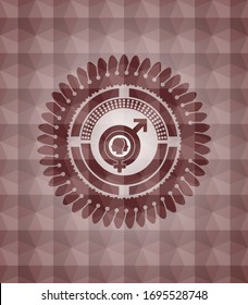 gender dysphoria icon inside red badge with geometric pattern background. Seamless.