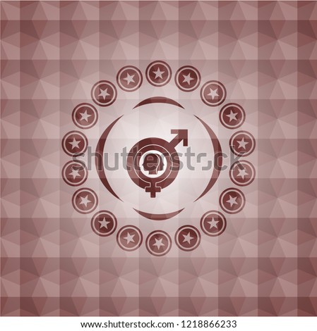 gender dysphoria icon inside red seamless emblem with geometric background.