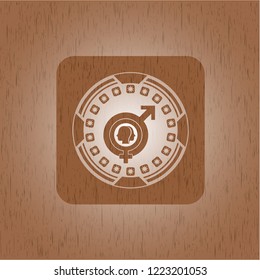 gender dysphoria icon inside retro style wooden emblem