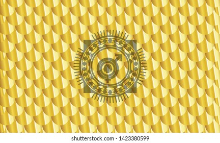 gender dysphoria icon inside shiny golden badge. Scales pattern. Vector Illustration. Detailed.