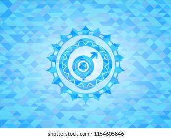 gender dysphoria icon inside sky blue emblem with triangle mosaic background