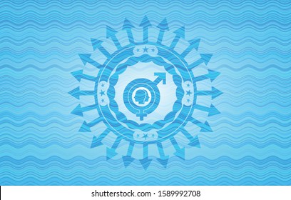 gender dysphoria icon inside sky blue water style badge.