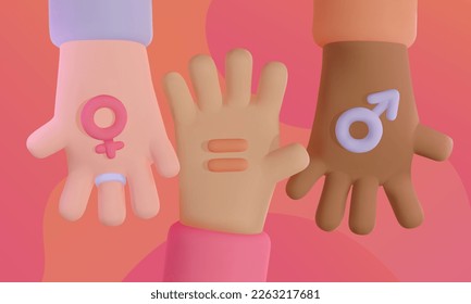 Gender Equality. 3D cartoon hands holding colorful gender symbols.