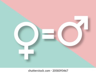 Igualdad de género. Símbolos hombre blanco 3D y mujer con un signo igual entre aislados en un fondo pastel verde y rosa. Derechos. Paridad de discriminación. Estilo de corte de papel. Mínimo. Ilustración vectorial.