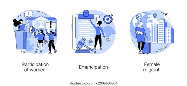 Conjunto de ilustraciones vectoriales de concepto abstracto de igualdad de género. Participación de la mujer, emancipación e igualdad social de derechos, mujer migrante, mujer vocera, empresaria ambición metáfora abstracta.