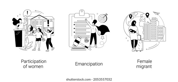 Gender equality abstract concept vector illustration set. Participation of women, emancipation and social equal rights, female migrant, female speaker leader, businesswoman ambition abstract metaphor.